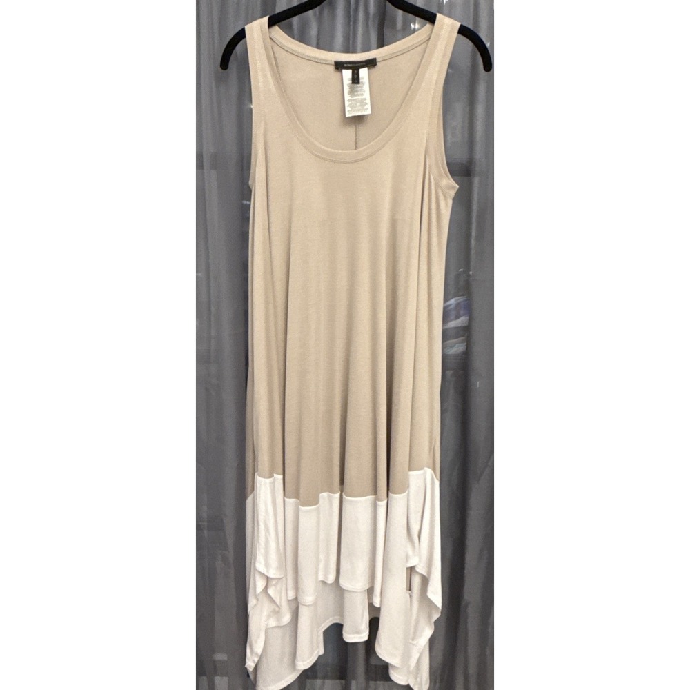BCBGMAXAZRIA Handkerchief Dress XS Beige Tan White Colorblock Modal Shift Knit